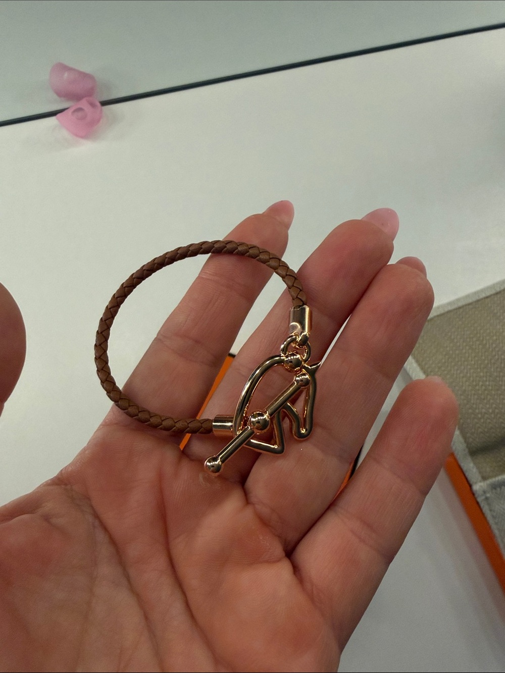 Hermes Brown Braided Leather Key Ring with Gold-Tone Toggle Charm
